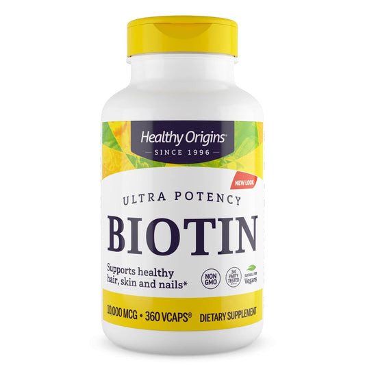 Healthy Origins Biotin 10,000 mcg bottle showing high-potency hair and nail support