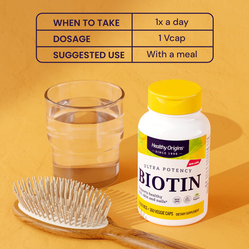 Healthy Origins Biotin USP Grade seal on bottle signaling trusted quality