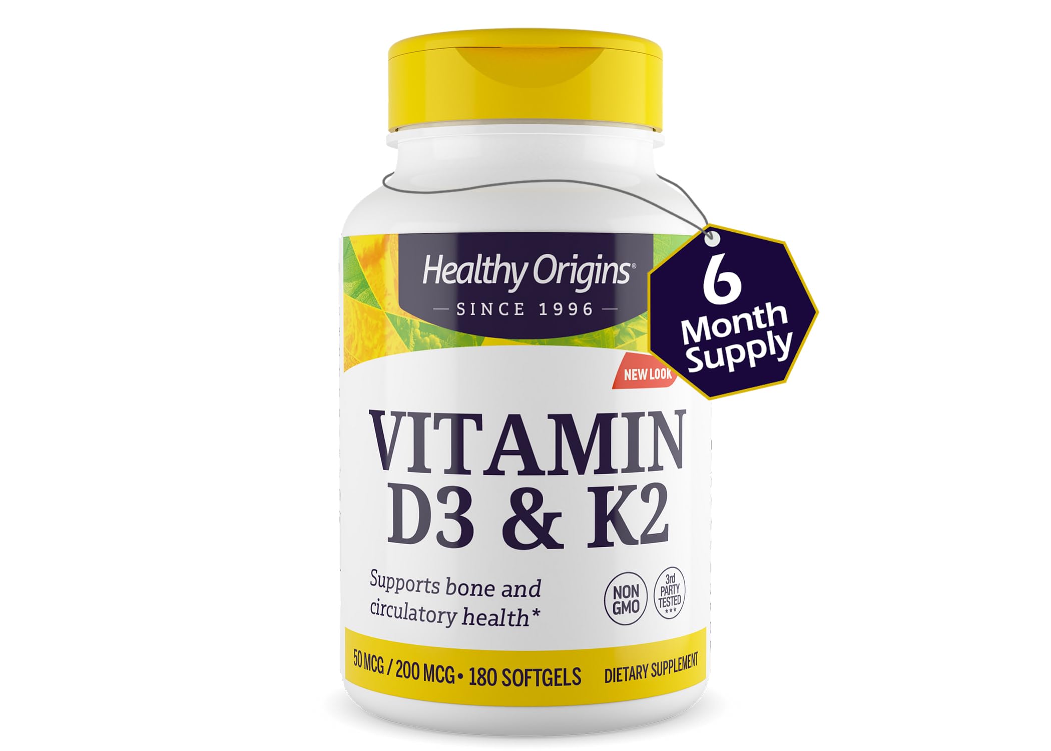 Healthy Origins bottle label detail emphasizes gluten-free and non-GMO quality.