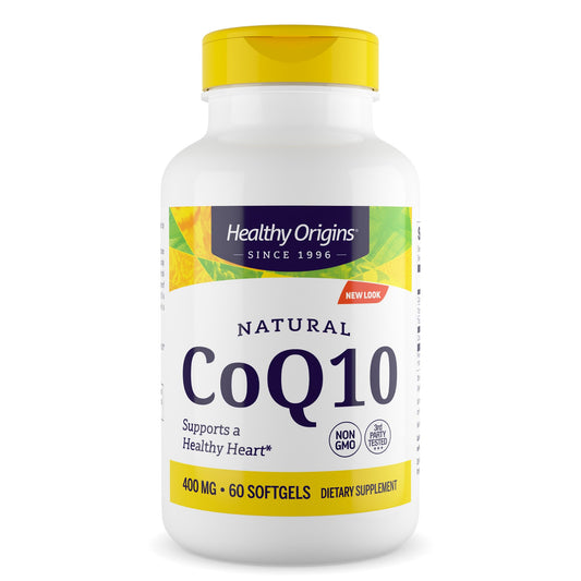 Healthy Origins CoQ10 400 mg bottle with clear label for daily energy support.
