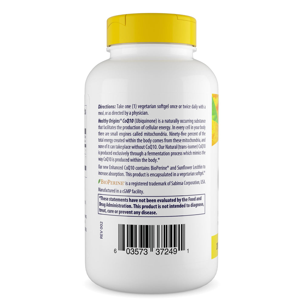 Healthy Origins CoQ10 bottle back label, notes BioPerine and lecithin for absorption