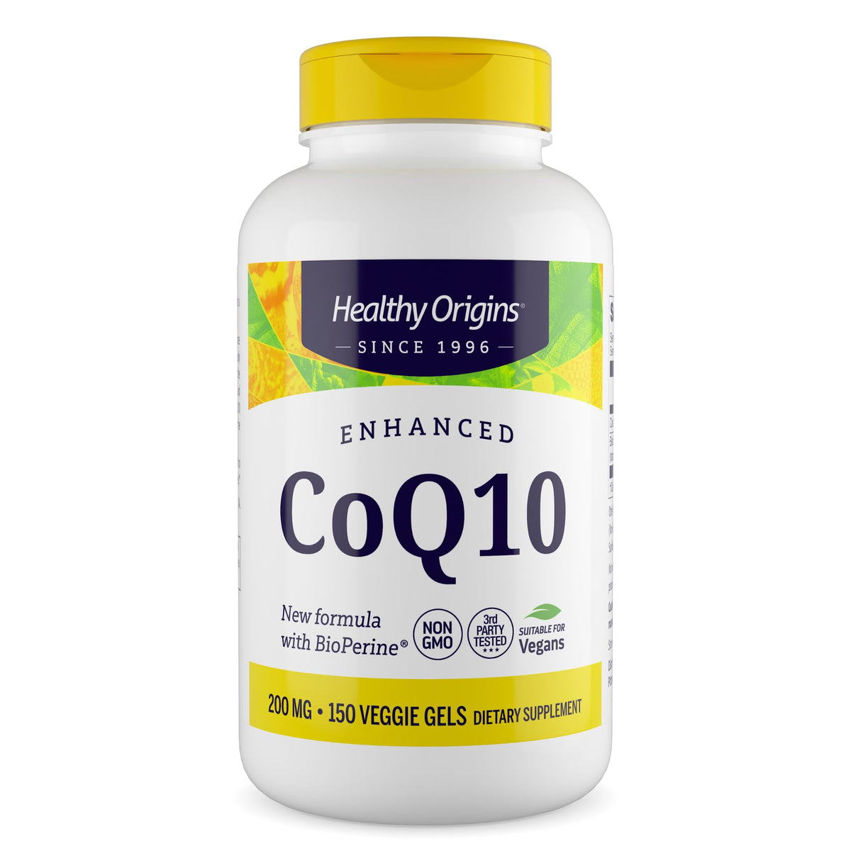 Healthy Origins CoQ10 bottle front view, gluten-free energy support