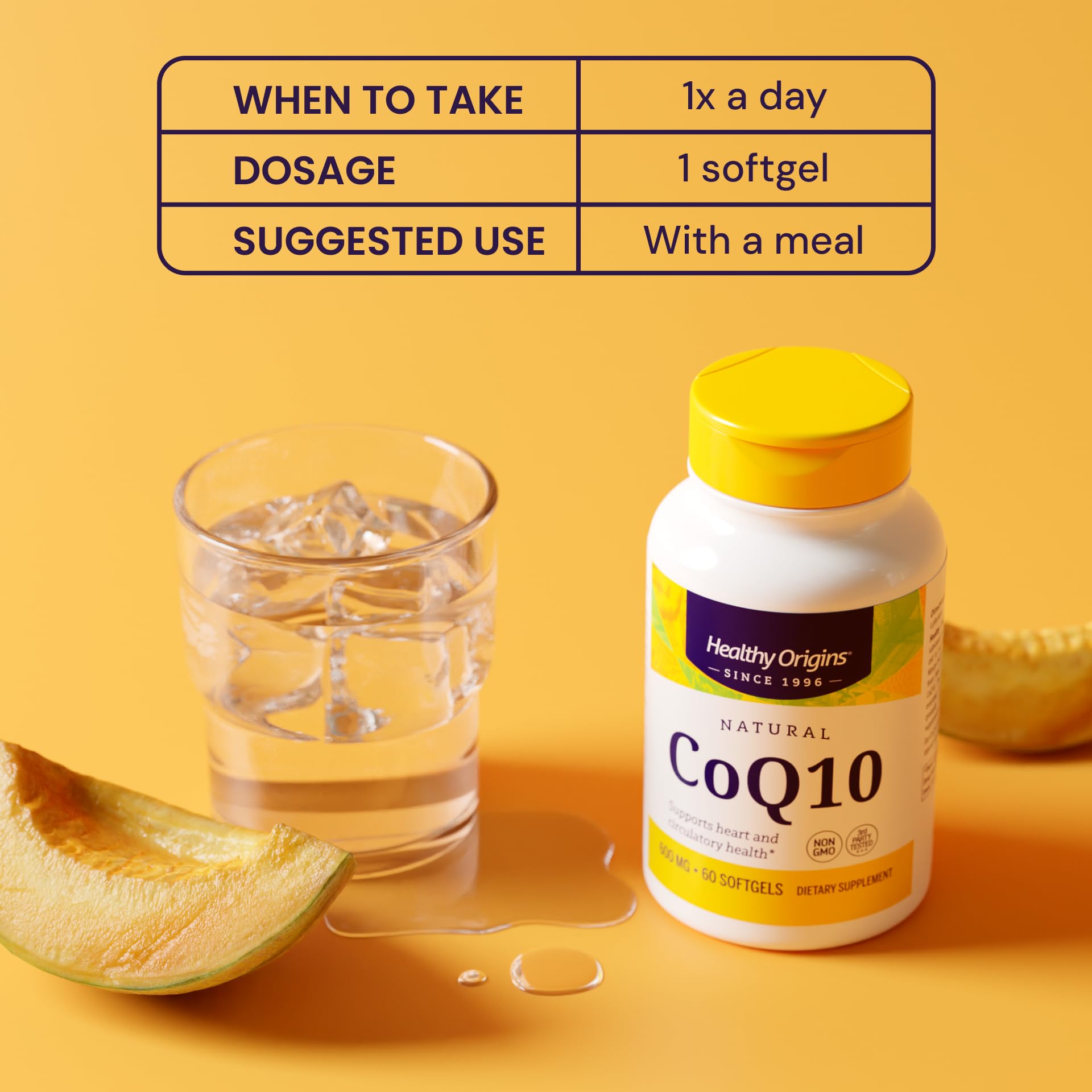Healthy Origins CoQ10 bottle being poured for convenient daily use.