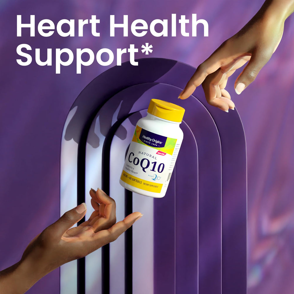 Yeast-fermented Healthy Origins CoQ10 shows natural trans-isomer formula for energy support.