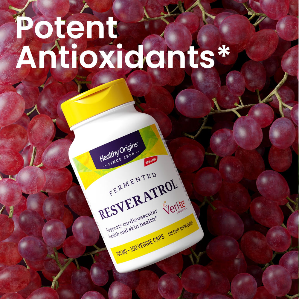 Healthy Origins Fermented Resveratrol capsules close-up shows veggie capsules for clean dosing.