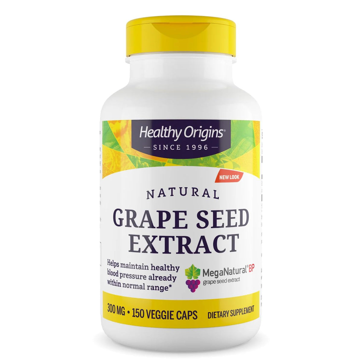 Healthy Origins Grape Seed Extract bottle shows California-grown seeds for potential cardiovascular support.