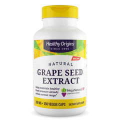Healthy Origins Grape Seed Extract bottle shows California-grown seeds for potential cardiovascular support.