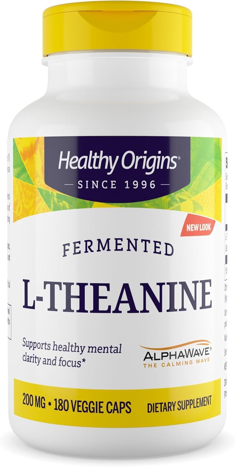 Healthy Origins L-Theanine AlphaWave bottle ready for daily relaxation support.