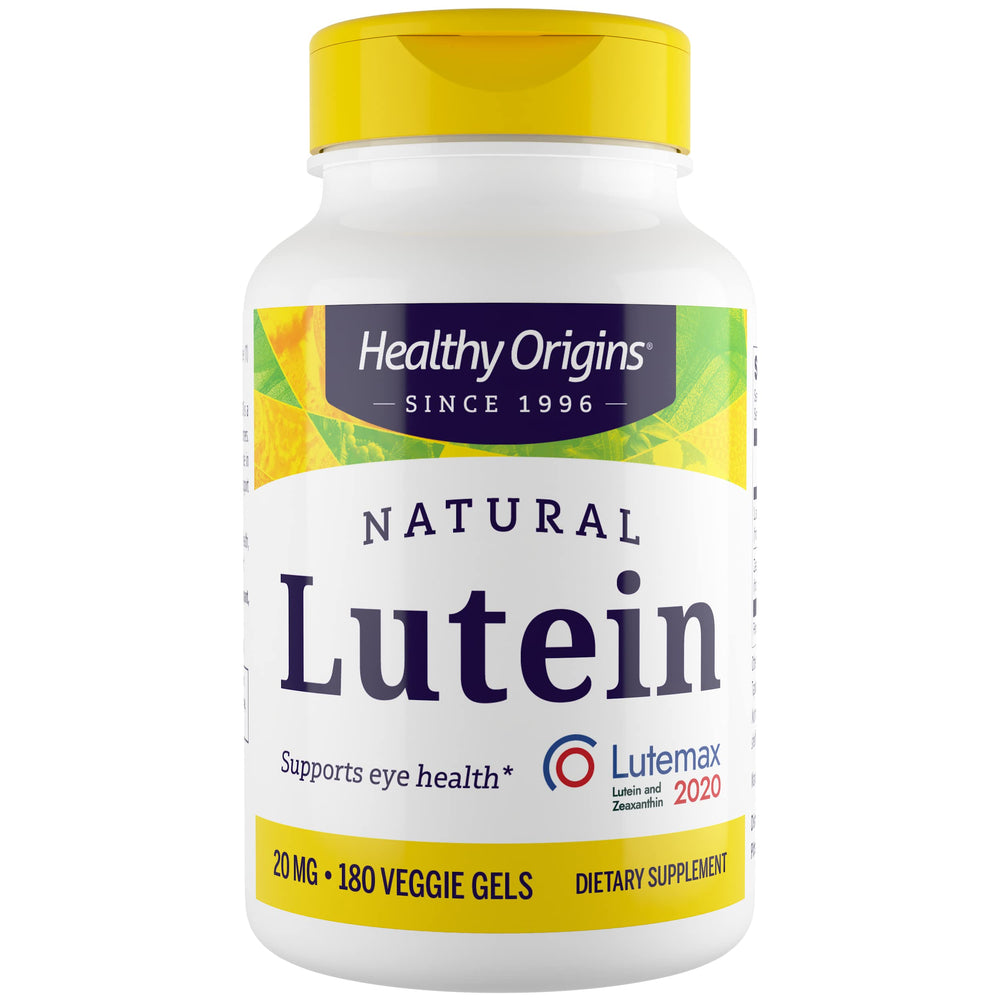 Healthy Origins Lutein 20 mg bottle with Lutemax 2020 for eye support.