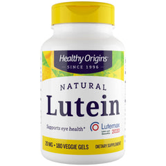Healthy Origins Lutein 20 mg bottle with Lutemax 2020 for eye support.