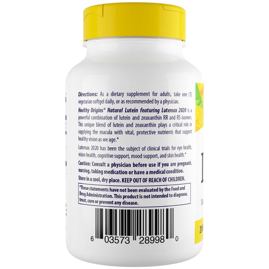 Healthy Origins Lutein veggie gels, vegan and non-GMO, for daily eye care.