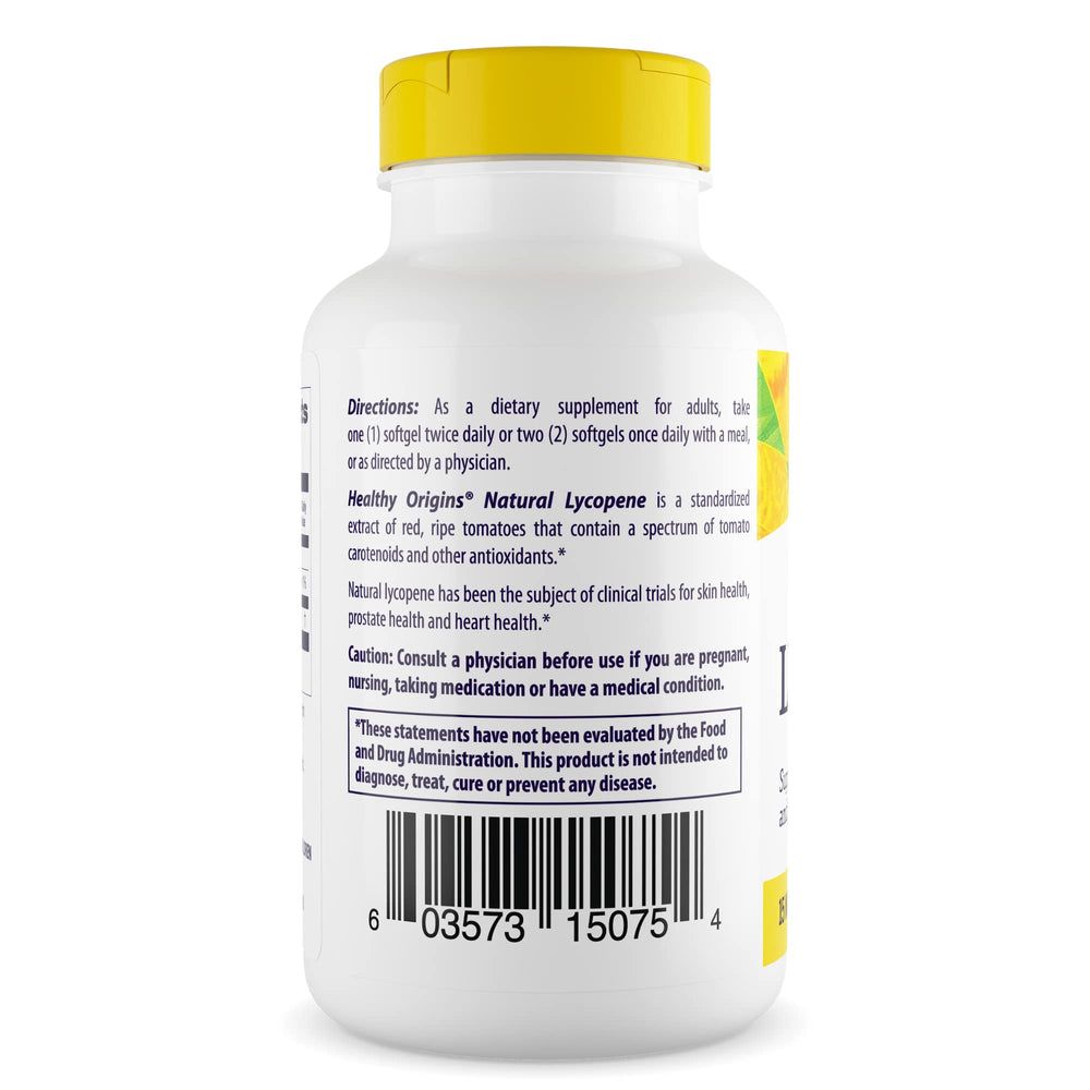 Healthy Origins Lycopene label detail showing non-GMO and gluten-free formula.