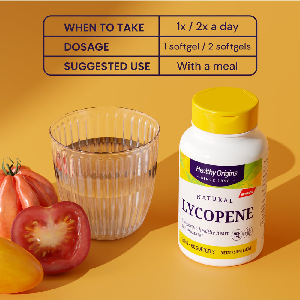 Healthy Origins Lycopene bottle emphasizes non-GMO and gluten-free clean nutrition.