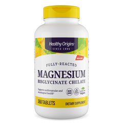 Healthy Origins magnesium bisglycinate chelate bottle front supports daily bone and nerve health.