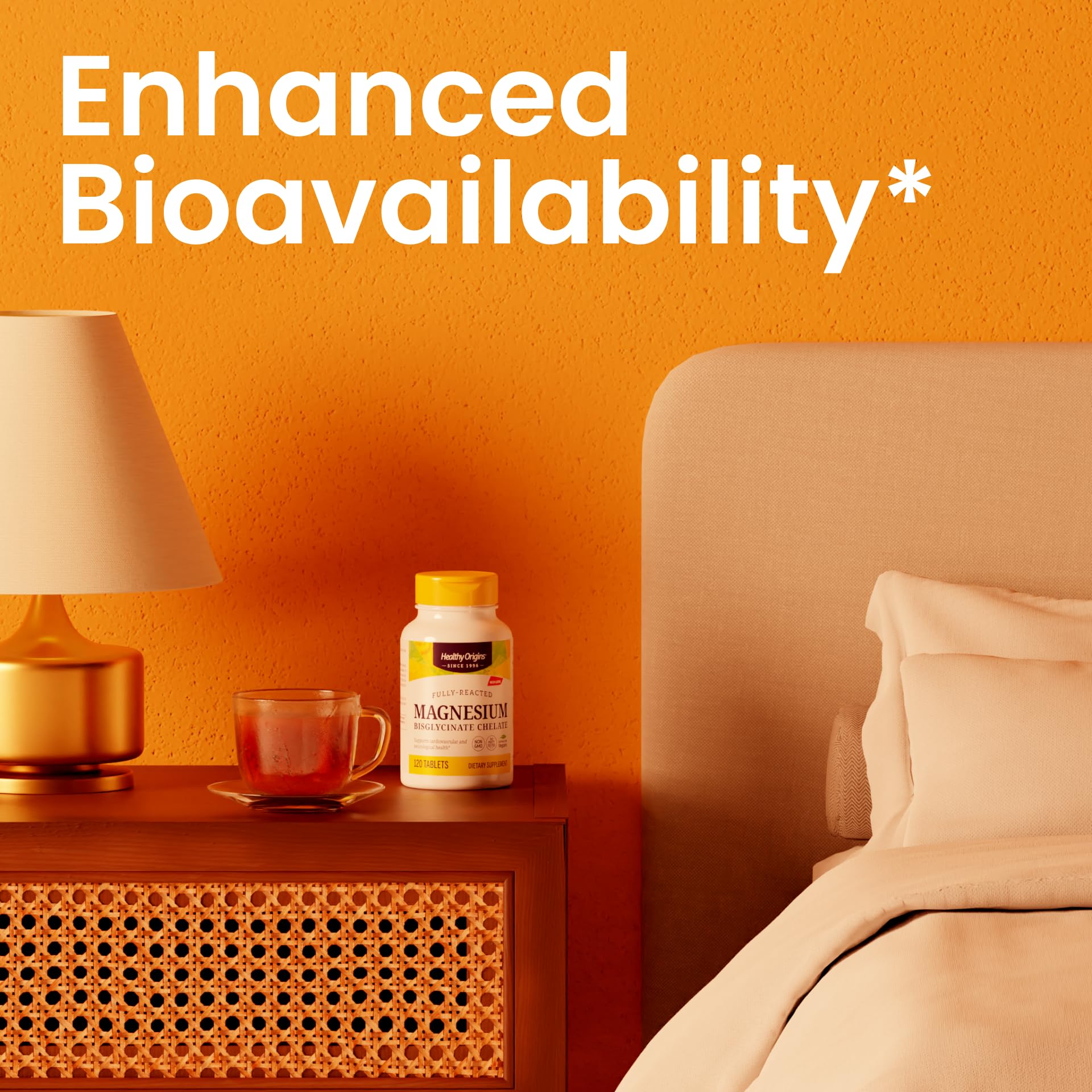 Healthy Origins magnesium bisglycinate non GMO label highlights purity.