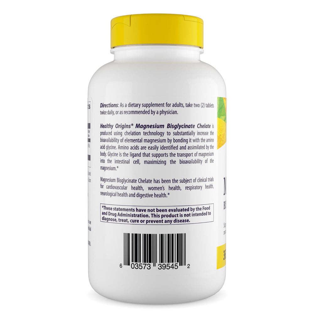 Healthy Origins magnesium bisglycinate tablets close-up suitable for bone and nerve health.