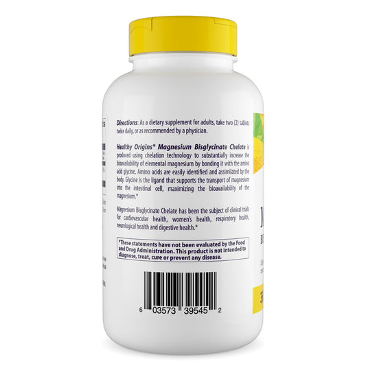 Healthy Origins magnesium bisglycinate tablets close-up suitable for bone and nerve health.
