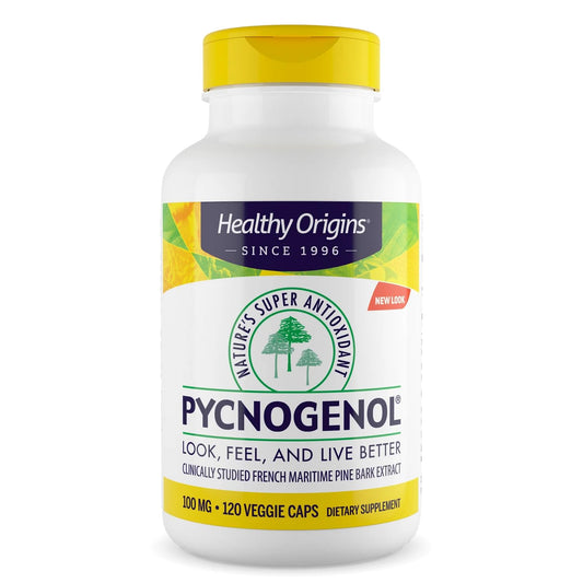 Healthy Origins Pycnogenol 120 veggie caps bottle for cardiovascular support.
