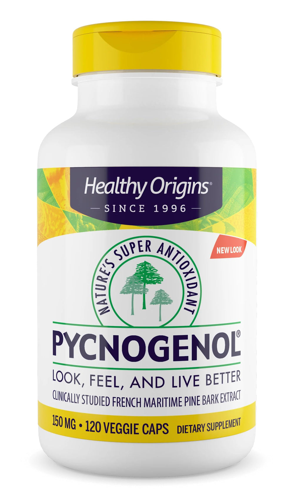 Healthy Origins Pycnogenol 150 mg bottle illustrates premium pine bark extract for antioxidant support.
