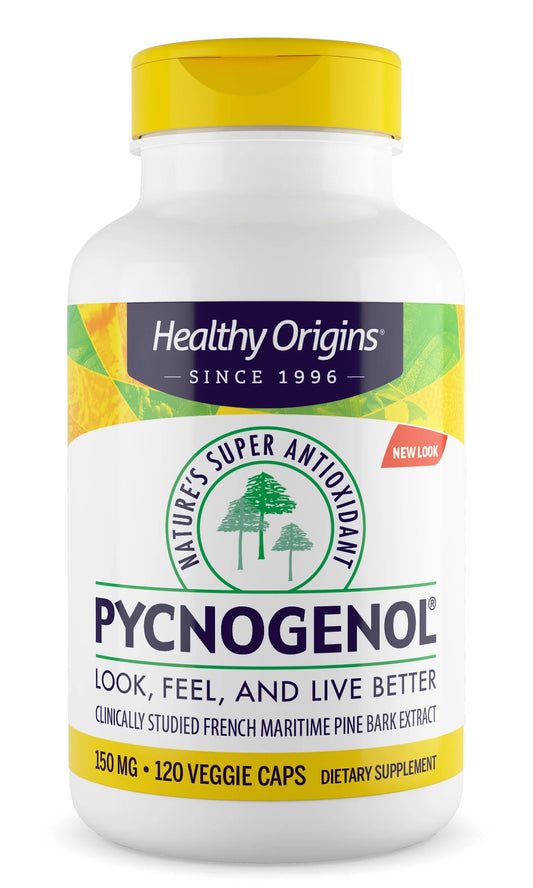 Healthy Origins Pycnogenol 150 mg bottle illustrates premium pine bark extract for antioxidant support.