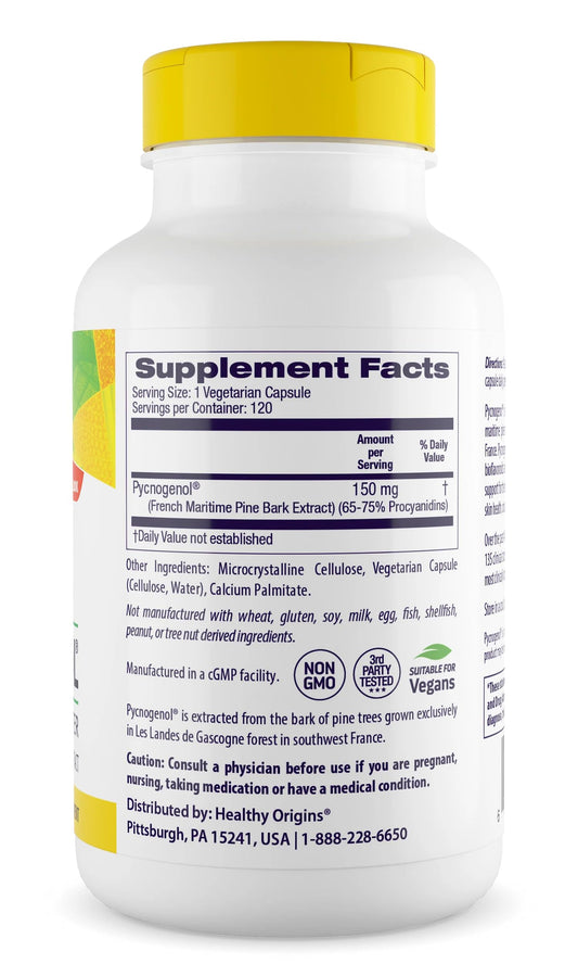 Close-up of Healthy Origins Pycnogenol veggie capsules for circulatory support.