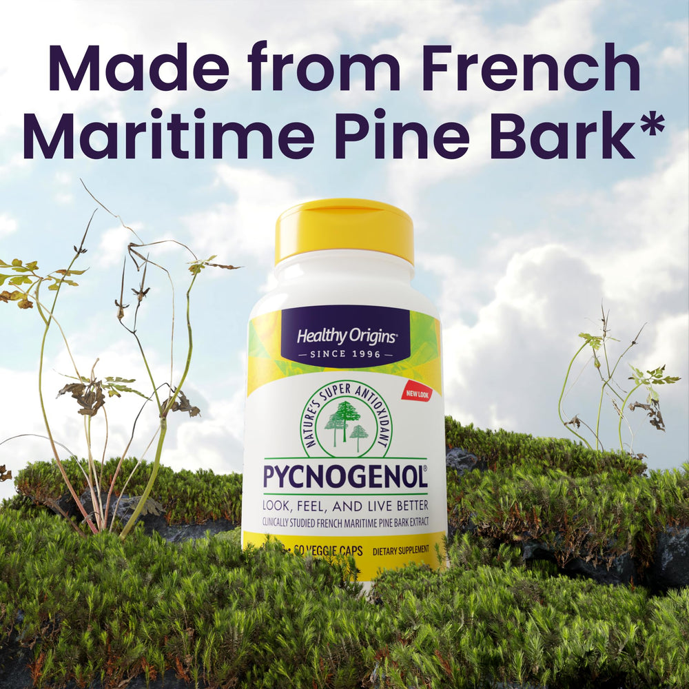 Healthy Origins Pycnogenol bottle with forest origin note on label.