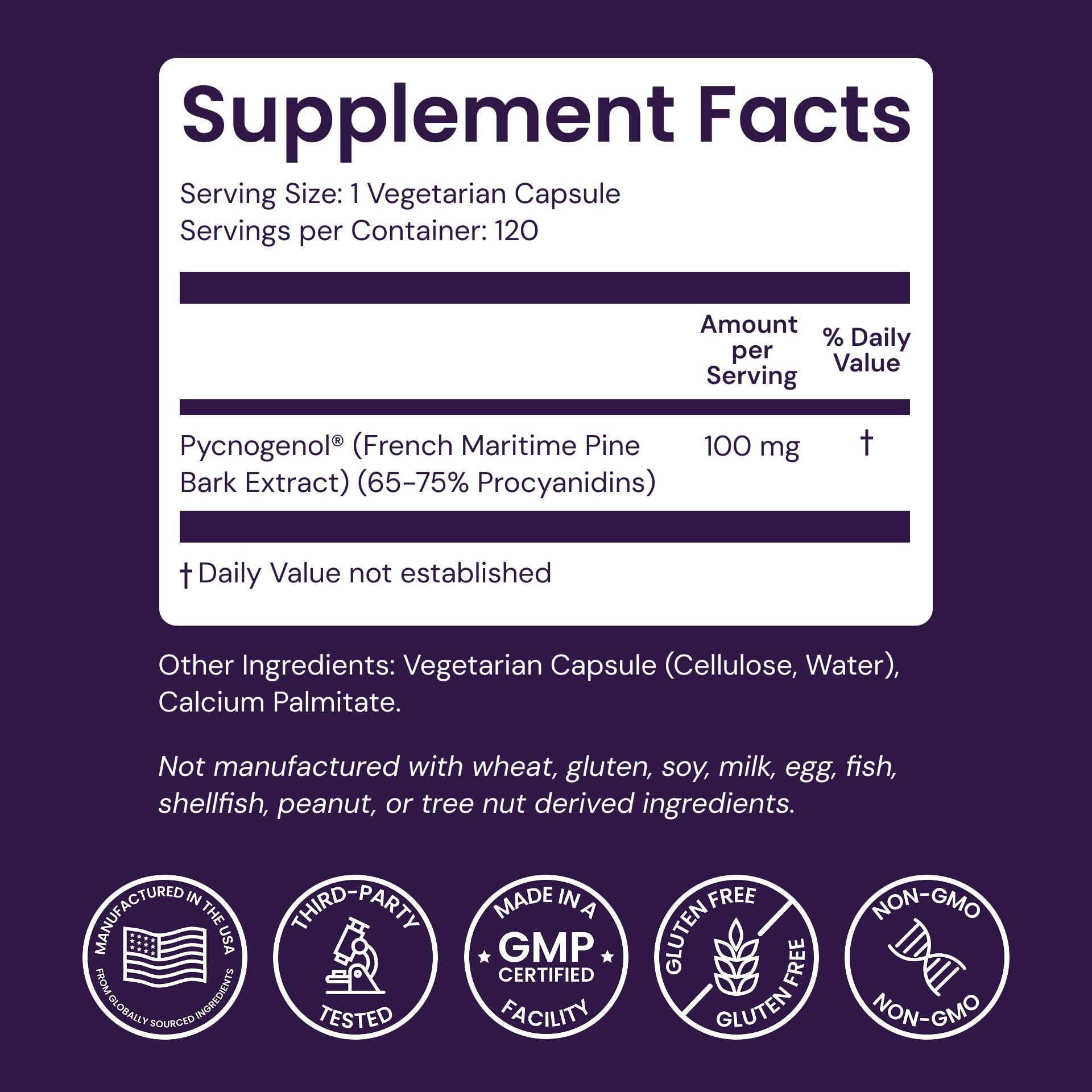 Healthy Origins Pycnogenol capsules in bottle demonstrate convenient veggie-caps form.