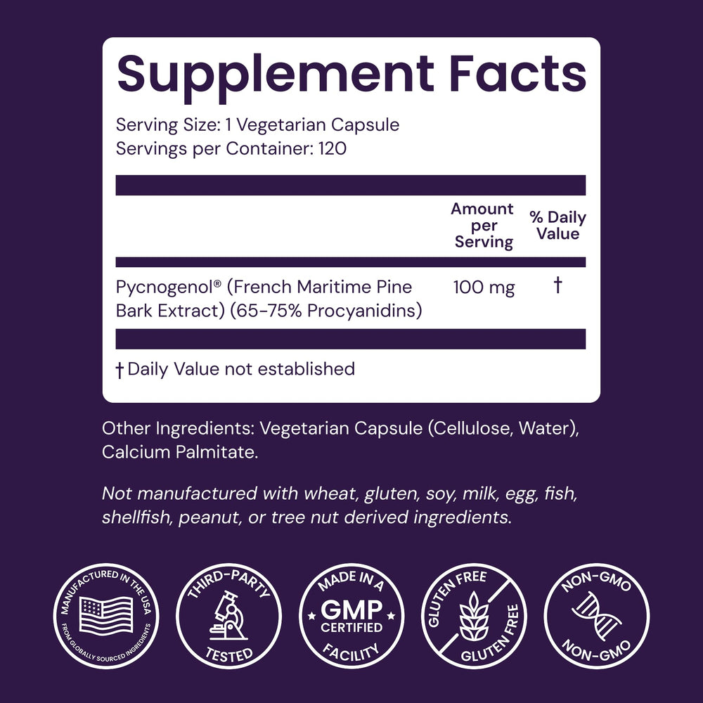 Healthy Origins Pycnogenol capsules in bottle demonstrate convenient veggie-caps form.