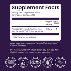 Healthy Origins Pycnogenol capsules in bottle demonstrate convenient veggie-caps form.