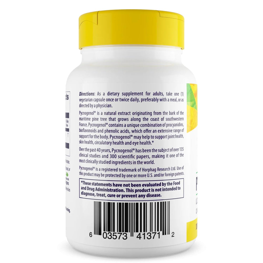 Healthy Origins Pycnogenol label close-up showing non-GMO and gluten-free badge.