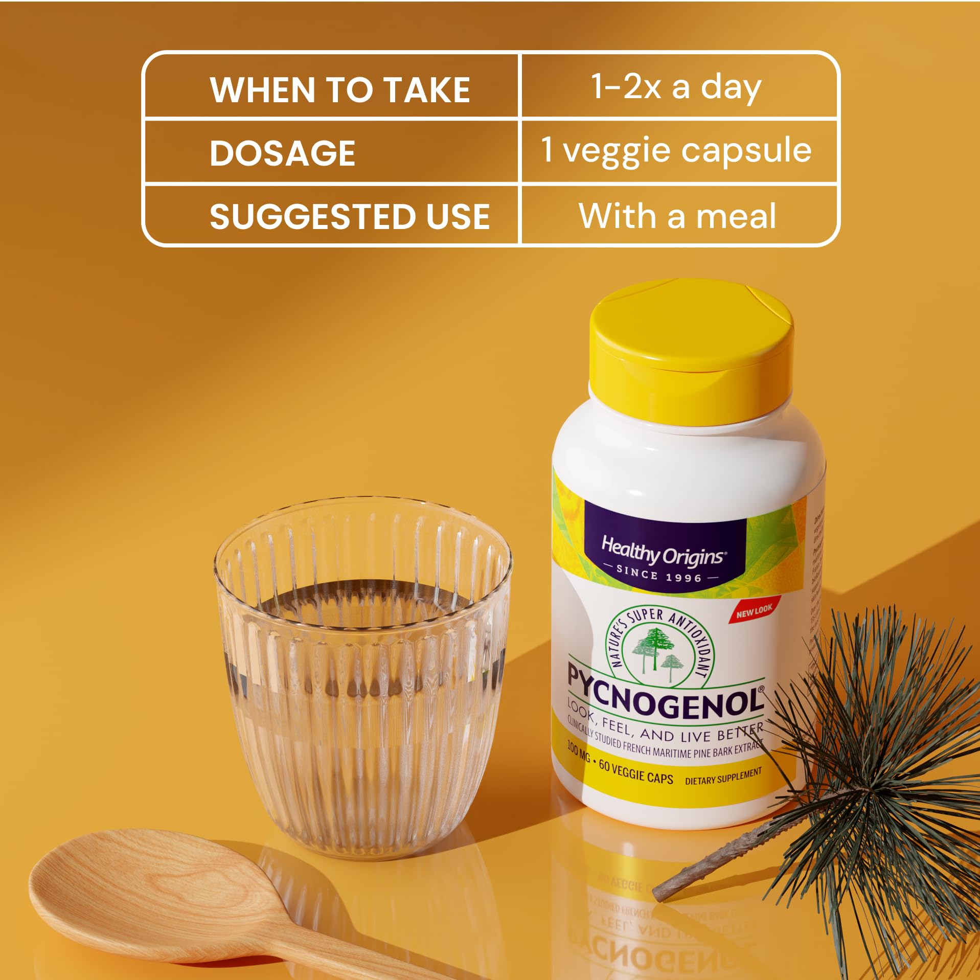 Healthy Origins Pycnogenol supplement facts panel highlighting sugar-free and dairy-free.