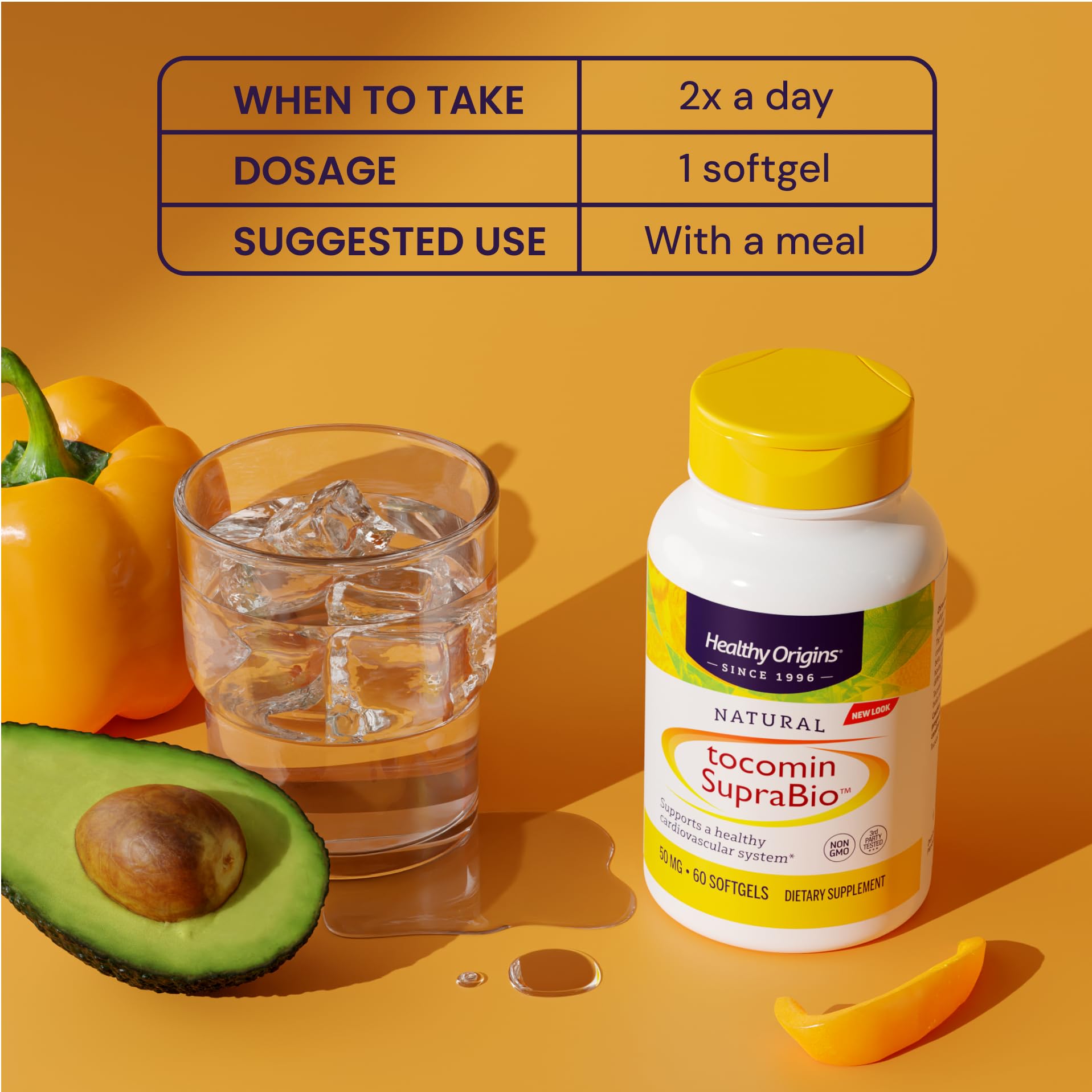 Healthy Origins Tocomin SupraBio nutritional panel notes 50 mg tocotrienols per serving.