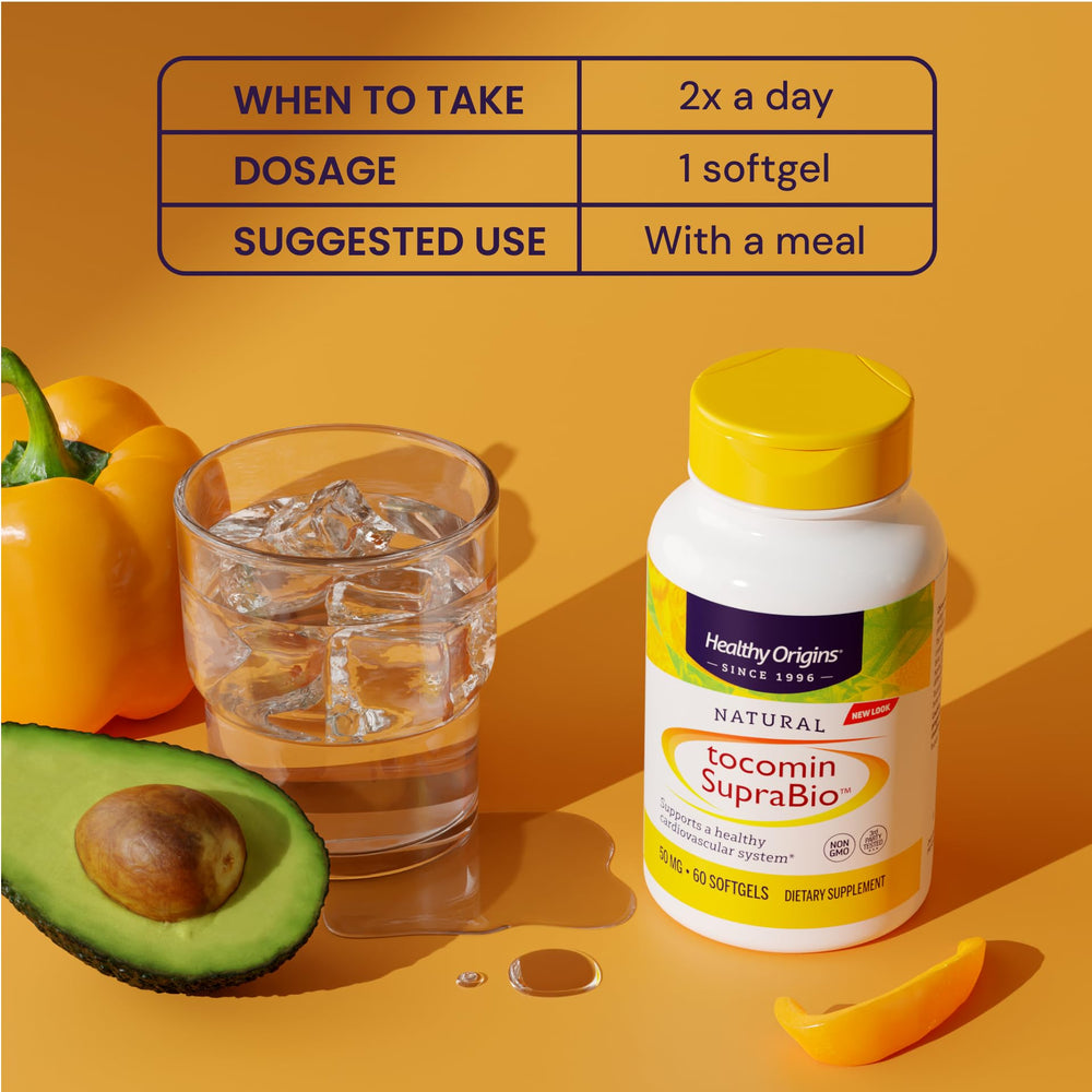 Healthy Origins Tocomin SupraBio nutritional panel notes 50 mg tocotrienols per serving.