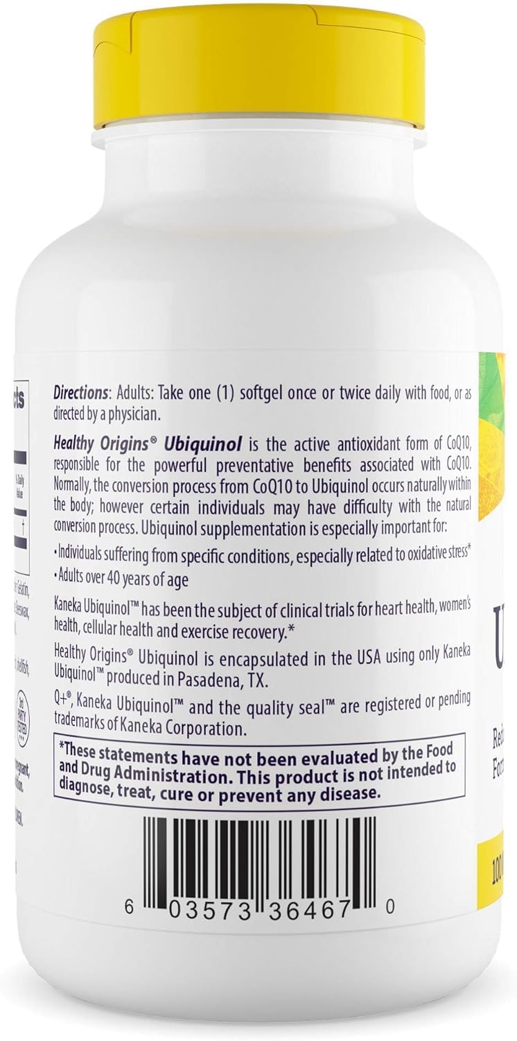 Healthy Origins Ubiquinol 100 mg bottle label close-up highlighting non-GMO and gluten-free