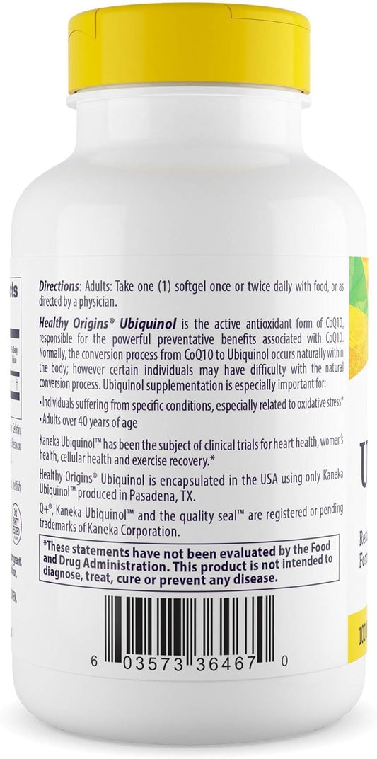 Healthy Origins Ubiquinol 100 mg bottle label close-up highlighting non-GMO and gluten-free