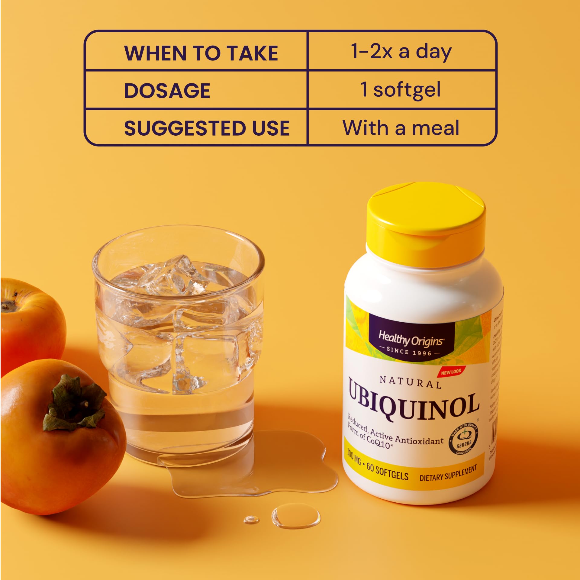 Healthy Origins Ubiquinol 100 mg ingredients panel highlighting MCT, vitamin C, and lecithin