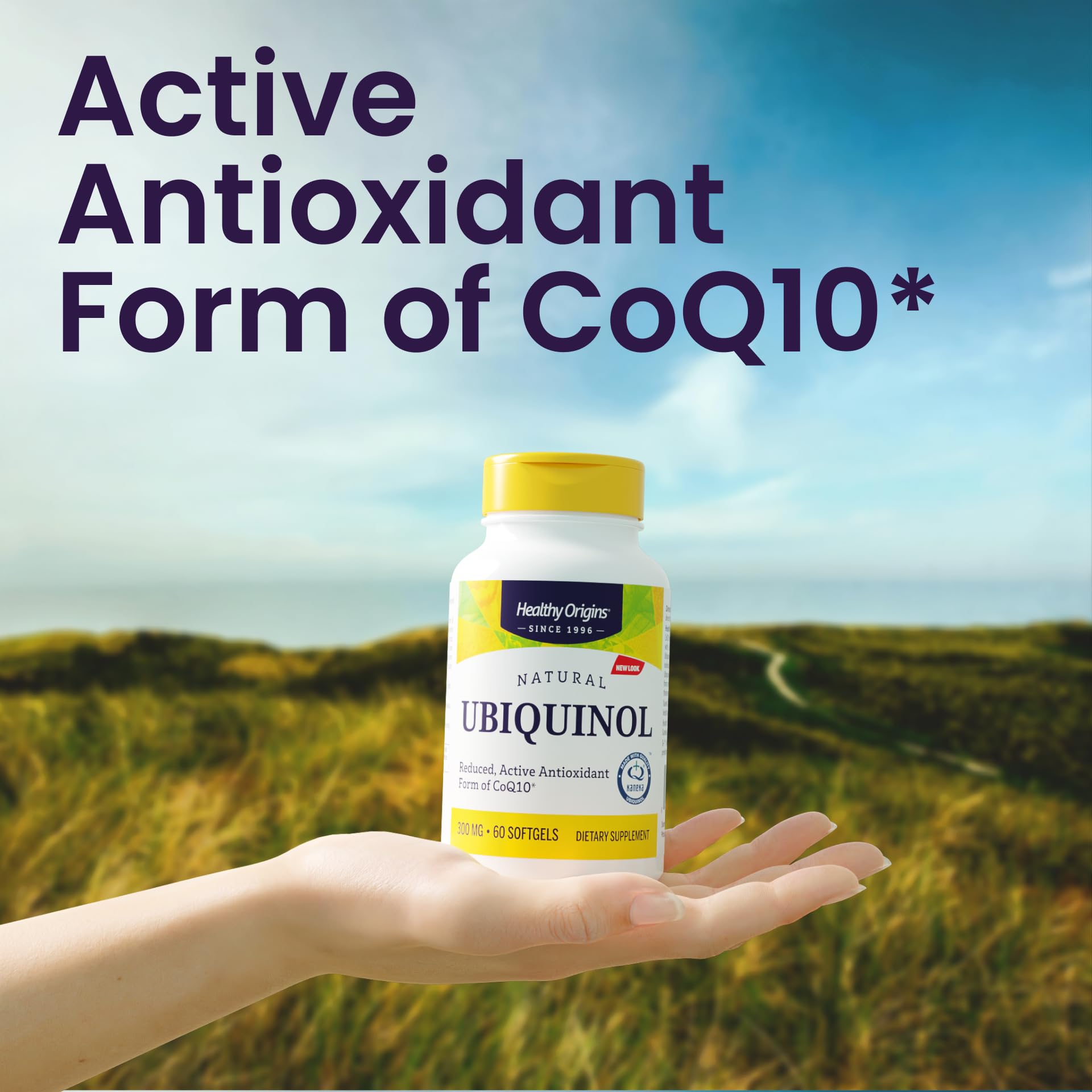 Healthy Origins Ubiquinol 300 mg bottle pour suggests a simple daily ritual.