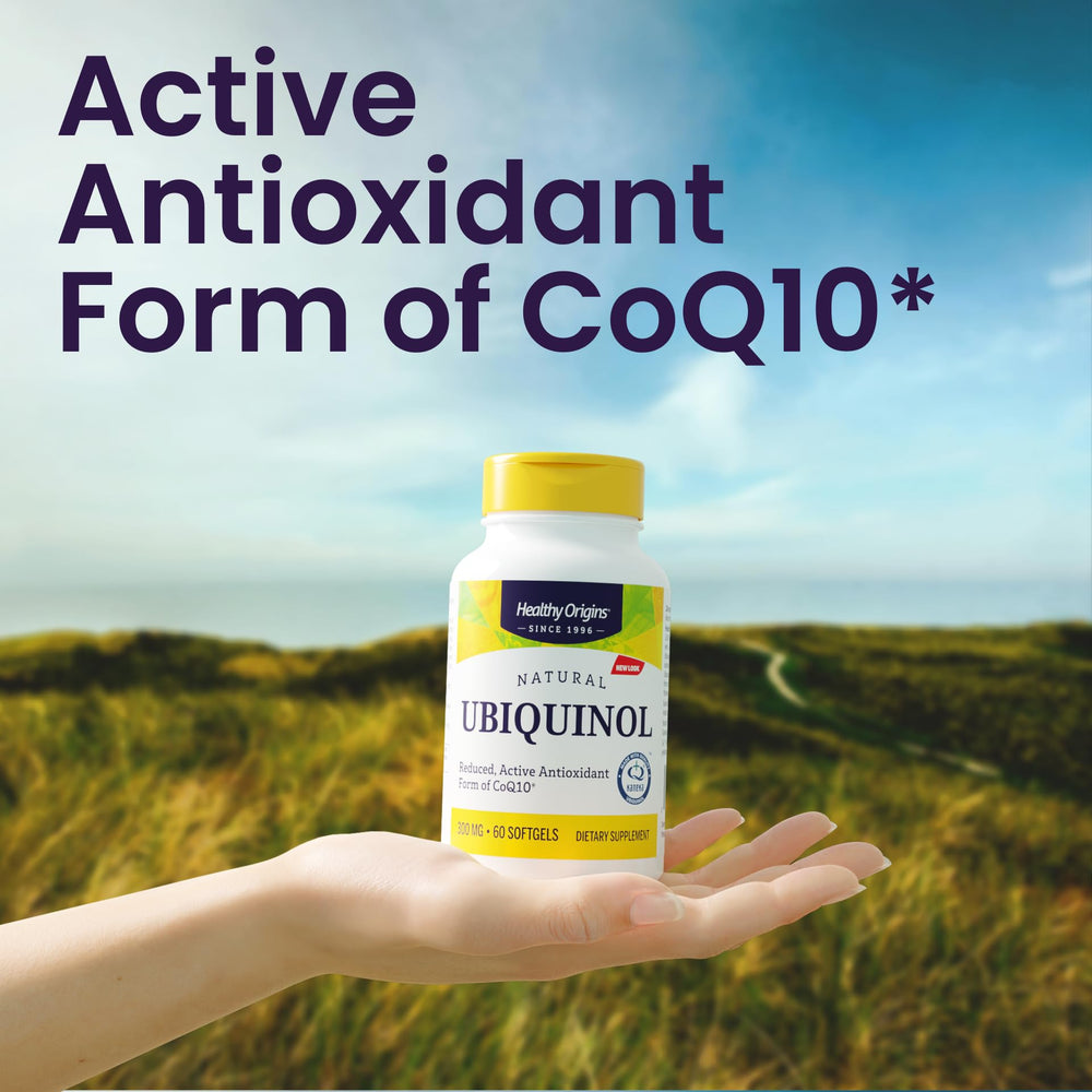 Healthy Origins Ubiquinol 300 mg bottle pour suggests a simple daily ritual.