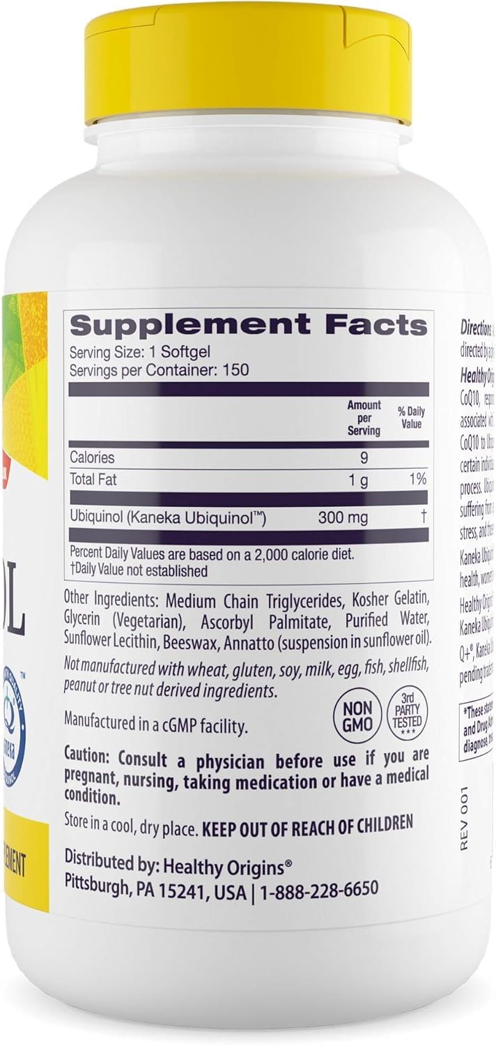 Healthy Origins Ubiquinol active form closeup highlights premium antioxidant support.