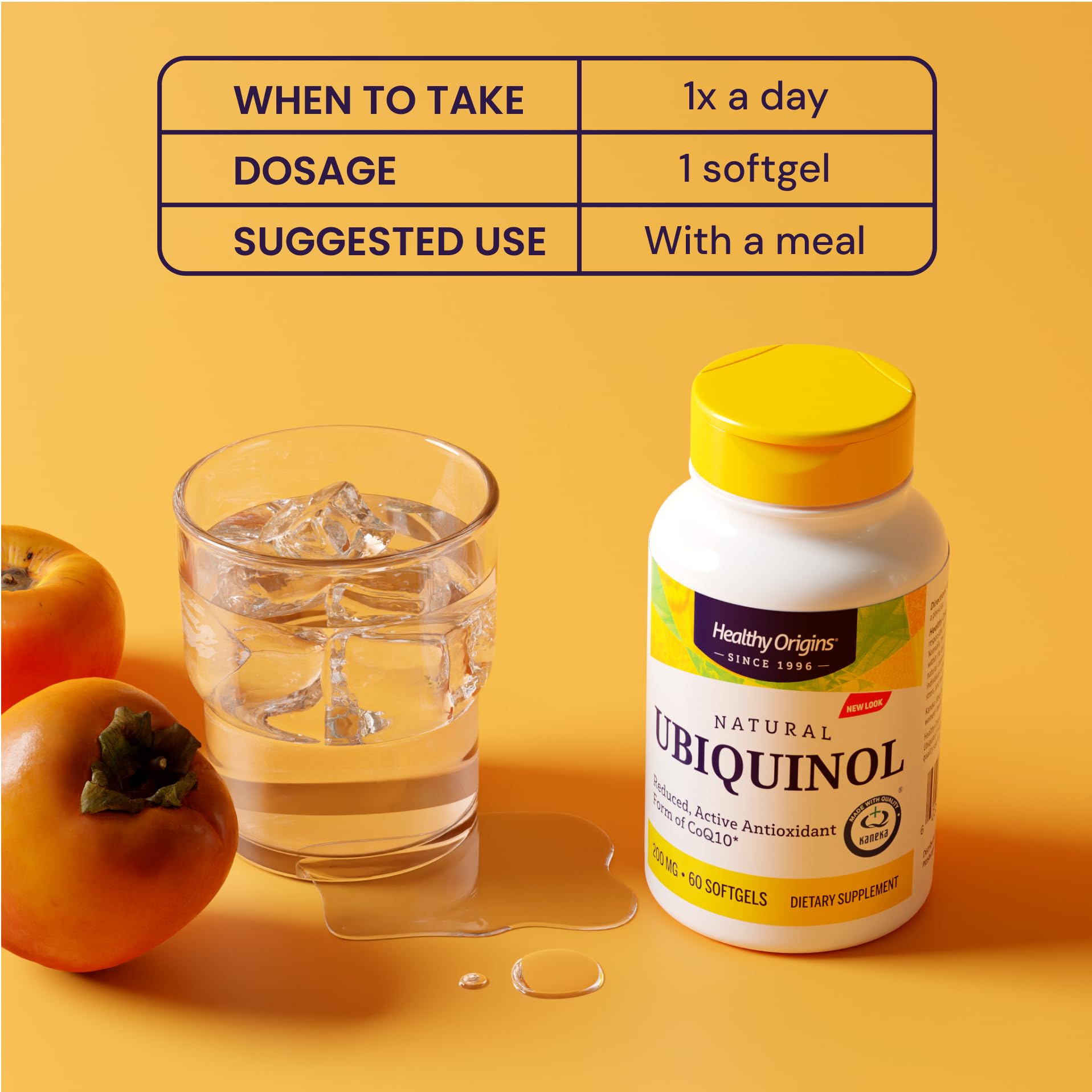 Healthy Origins Ubiquinol bottle with glasses for daily routine imagery.