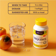 Healthy Origins Ubiquinol bottle with glasses for daily routine imagery.