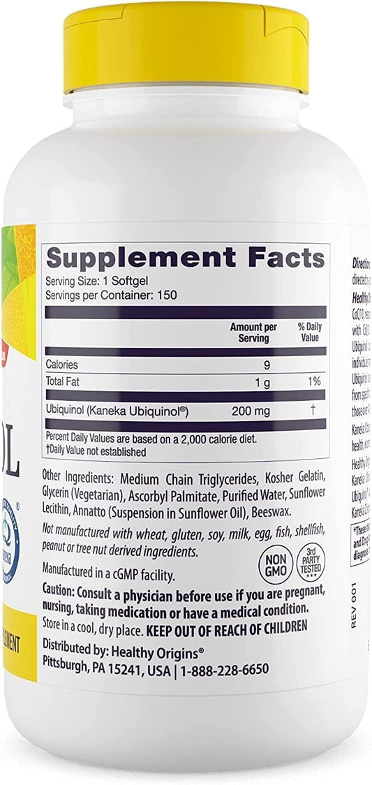 Healthy Origins Ubiquinol bottle side view showing easy-to-swallow softgels.