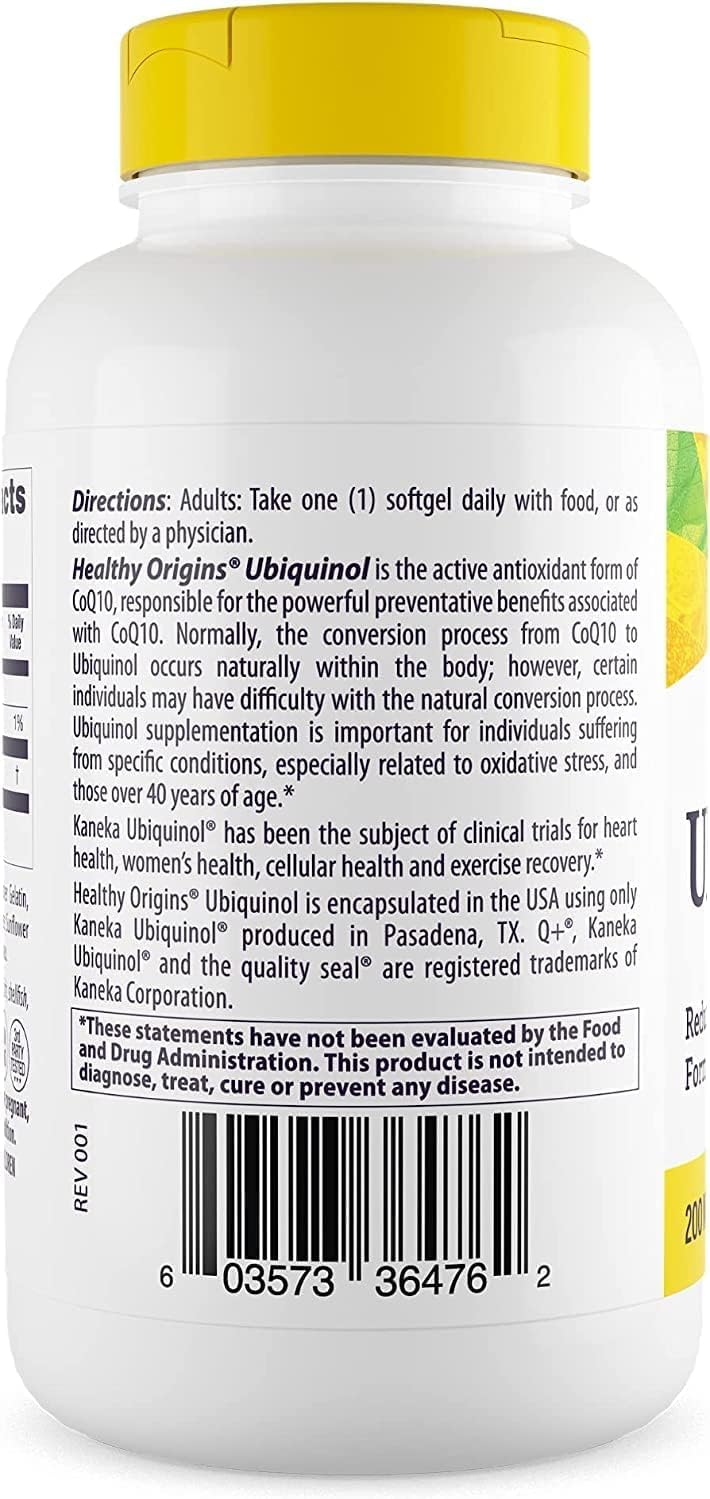 Healthy Origins Ubiquinol softgels close-up showing compact capsules.