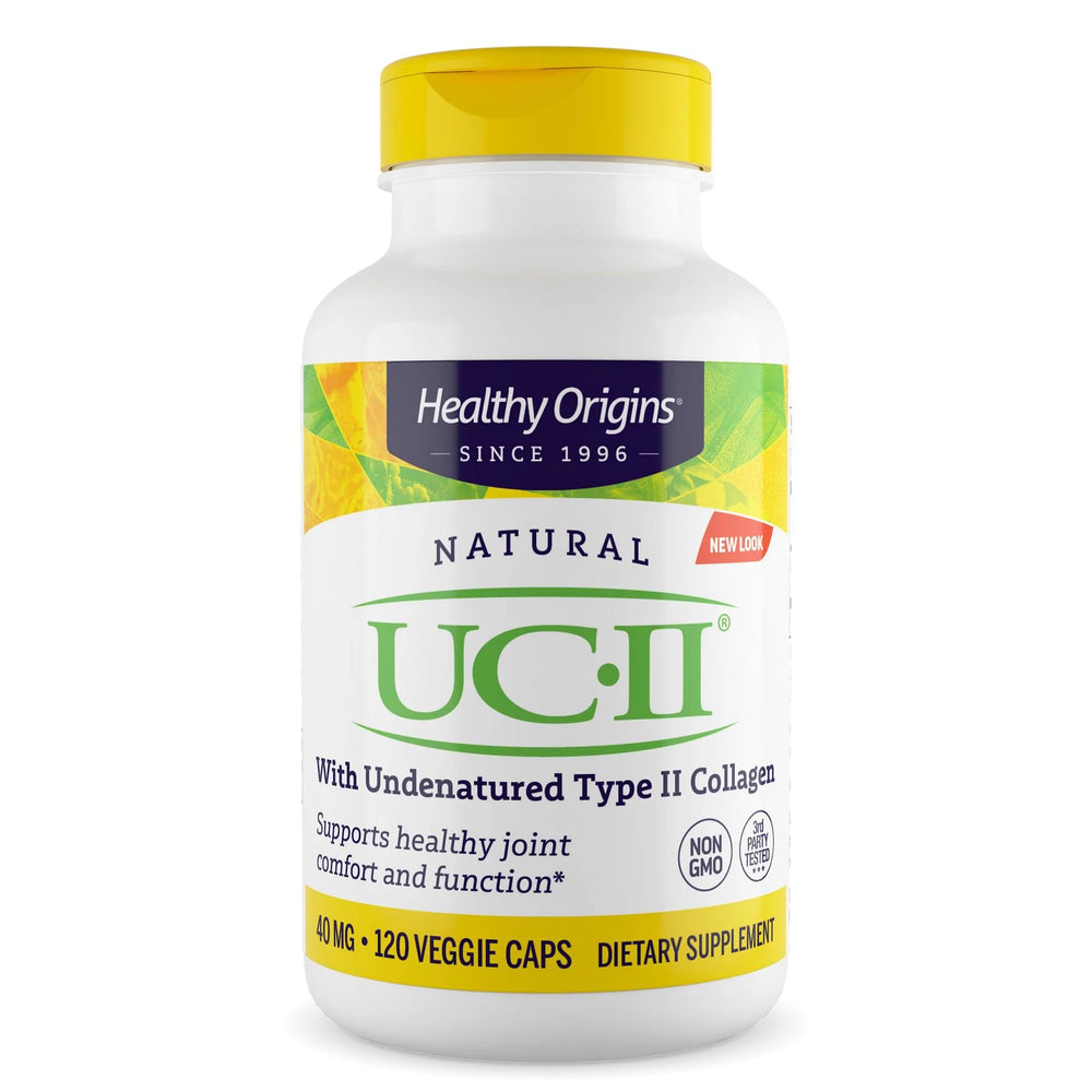 Healthy Origins UC-II bottle label highlighting undenatured Type II collagen for joint support.