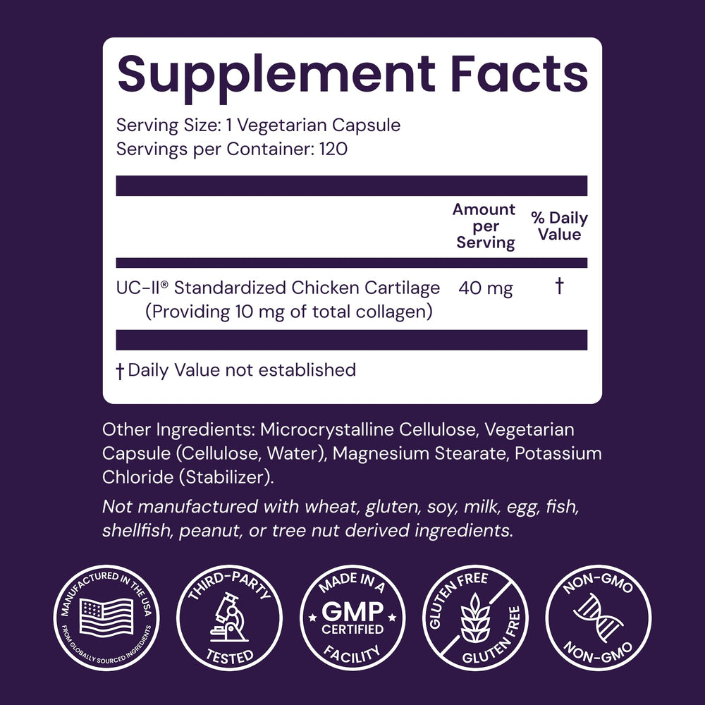 Healthy Origins UC-II box front displays USA-made quality and allergen-free claim.