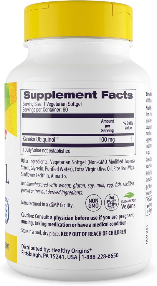 Close-up of Healthy Origins Vegan Ubiquinol cap highlighting easy-to-swallow design.