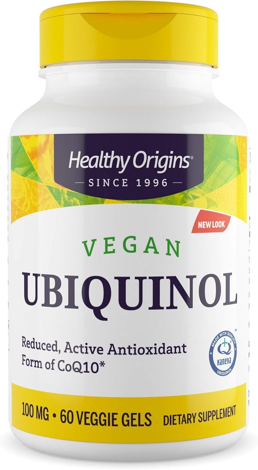 Healthy Origins Vegan Ubiquinol 100 mg bottle front for daily antioxidant support.
