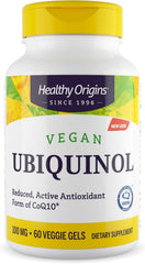 Healthy Origins Vegan Ubiquinol 100 mg bottle front for daily antioxidant support.