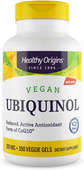Healthy Origins Vegan Ubiquinol bottle close-up for antioxidant support.