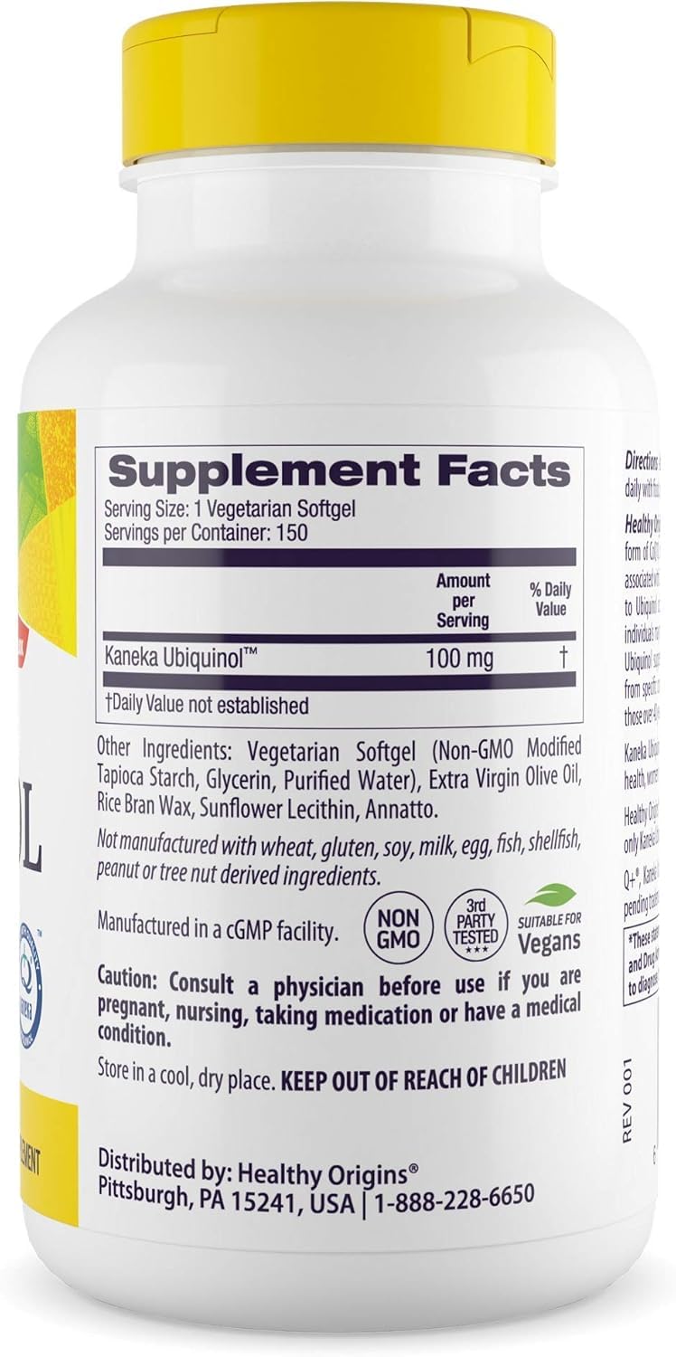 Healthy Origins Vegan Ubiquinol label highlights gluten-free and non-GMO.